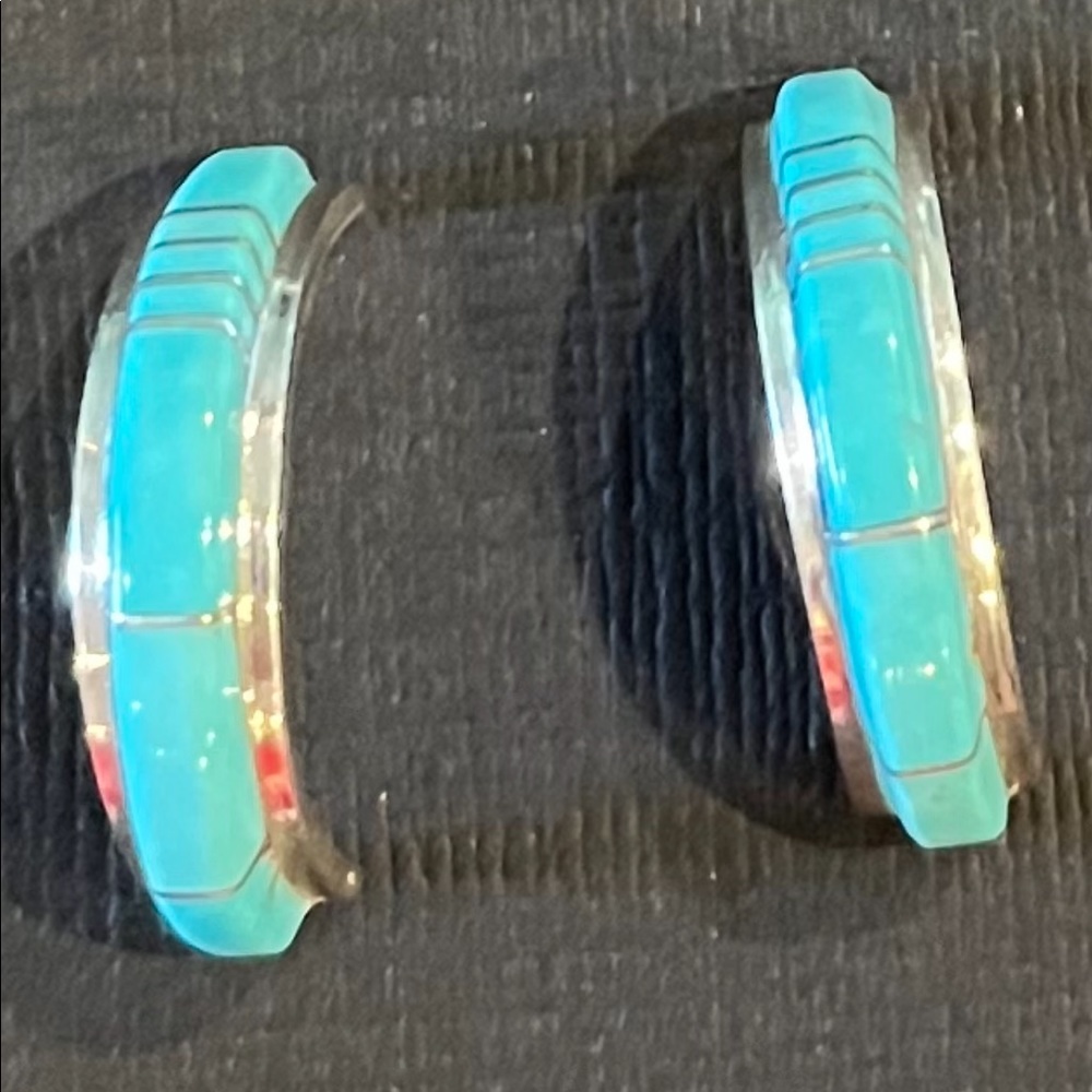 Inlaid turquoise hoops Zuni